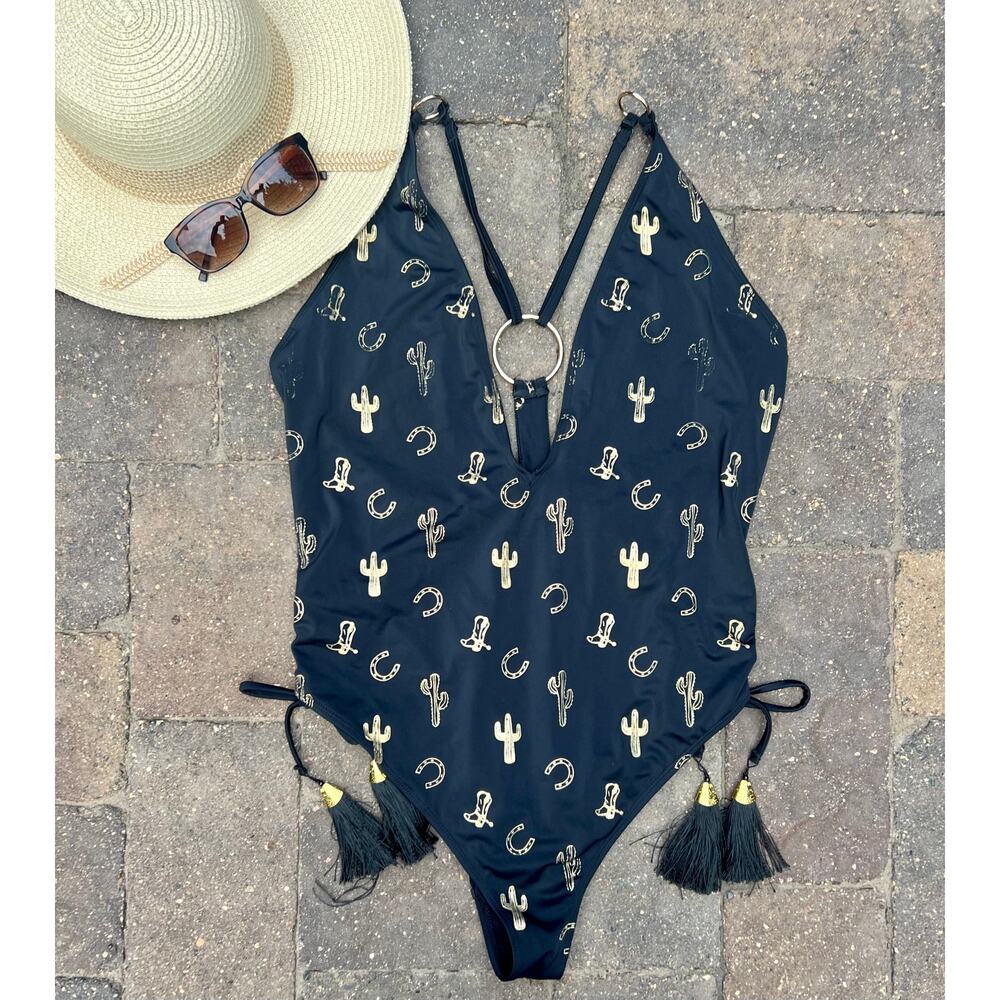 ASOS black western theme gold cactus & horseshoes one-piece swimsuit size 14